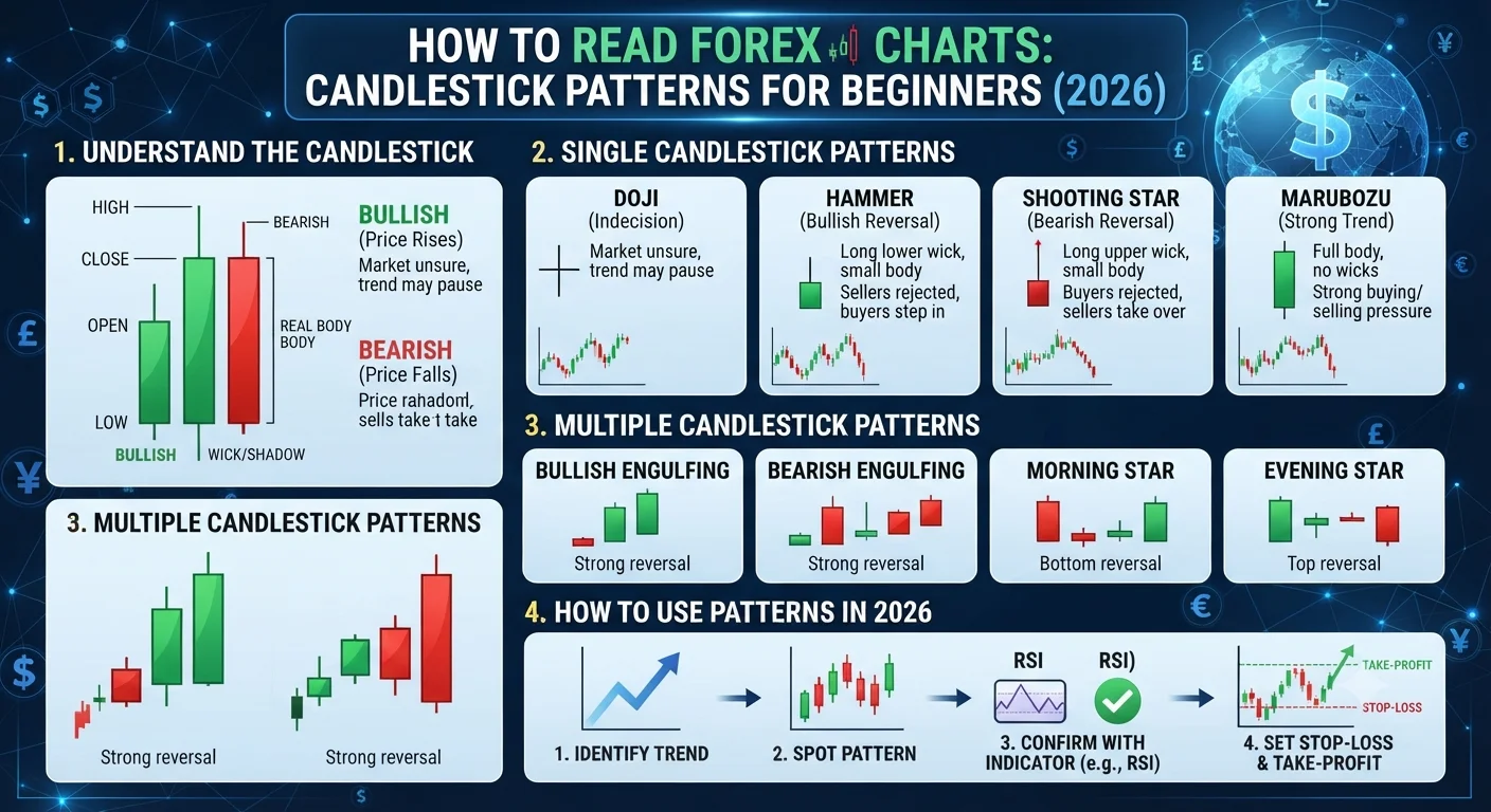 How to Read Forex Charts: Candlestick Patterns for Beginners (2026)